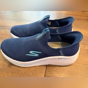 Skechers Womens Navy Slip-On Sneakers with Light Blue Accents
